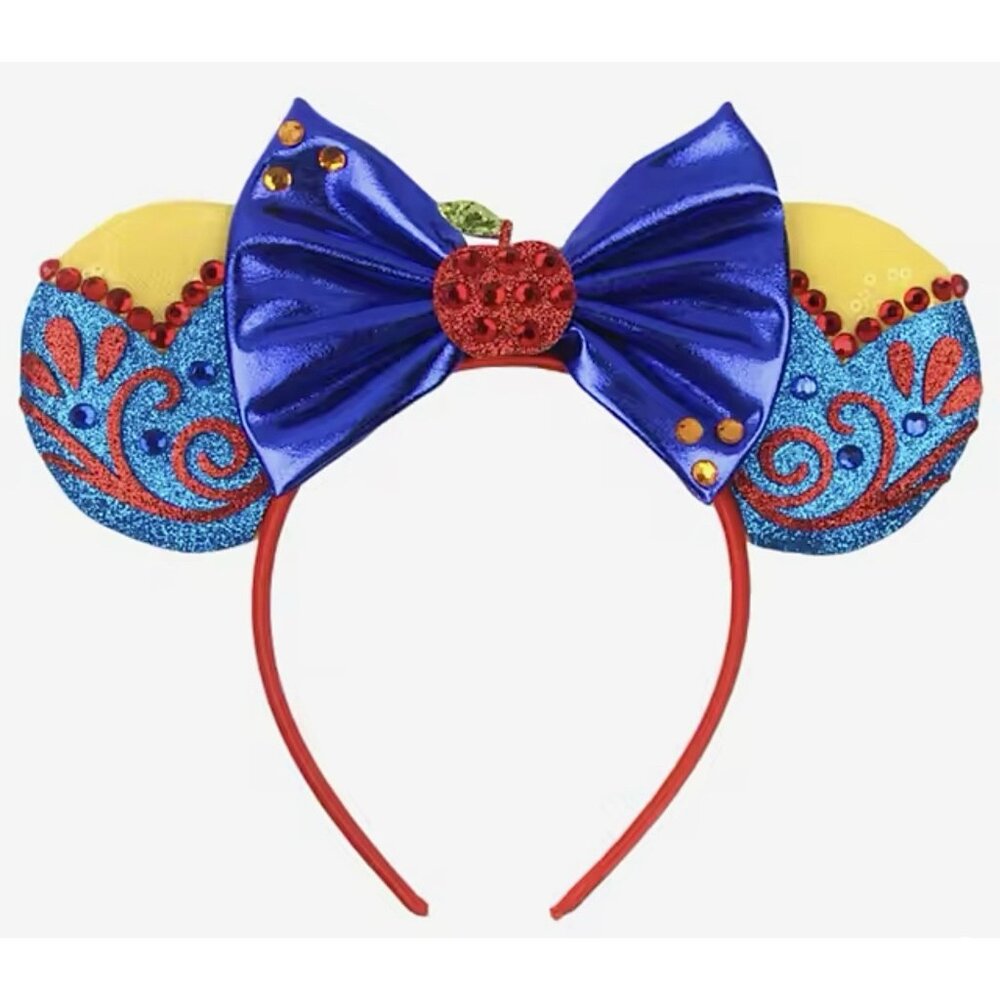 DISNEY SNOW WHITE Apple MOUSE EARS HEADBAND Hat Glitter & Crystals Bow NEW!